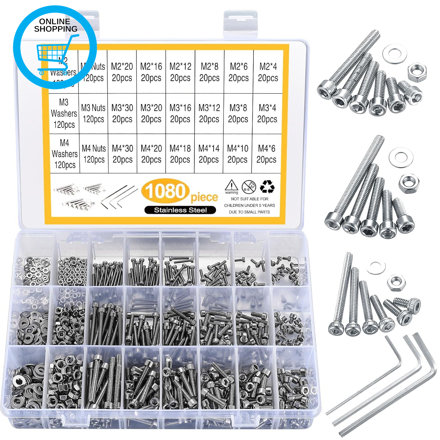Hex Socket Head Cap Screws, 1080Pcs M2 M3 M4 Stainless Steel Bolts and Nuts with
