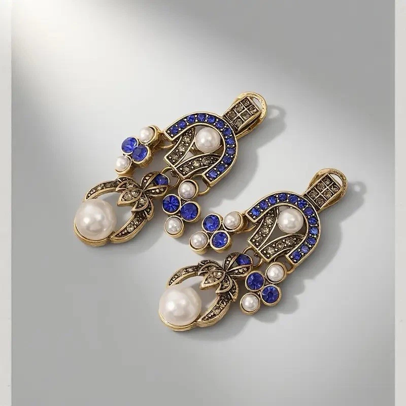 Museum Pearl Antique Earrings Geometric Court Palace Gold Art CZ VTG Medieval - Image 4 of 4