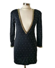VTG Womens Black Mini Dress M Gold Beaded Details Plunging Neckline Cocktail