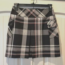 Women's Ann Taylor Loft Stretch Blk, Gray, Red Pleated Plaid Skirt Size 4