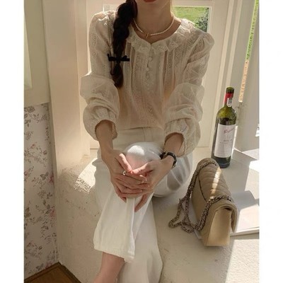 Miao Lab Vintage Style Eyelet Lace Blouse Shabby Chic Romantic Top Cream S
