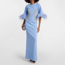 Blue Feather Dress Mother Gown for Women 3/4 Sleeve Mother of the Bride Dress