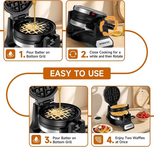 Waffle Maker, Double Belgian Waffle Maker 180°Flip, 1400W Waffle Iron 8 Slice... - Picture 4 of 9