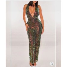 Sparkling Sequin Halter Neck Jumpsuit Women's Black Iridescent Formal Evening