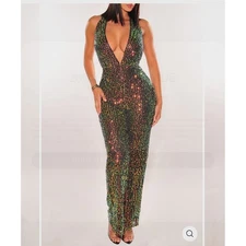 Sparkling Sequin Halter Neck Jumpsuit Women's Black Iridescent Formal Evening