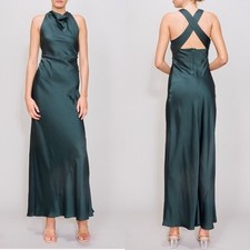 MELLODAY Ruched Cowl Neck Bias Cut Satin Maxi Dress, Large, Hunter Green, NWT