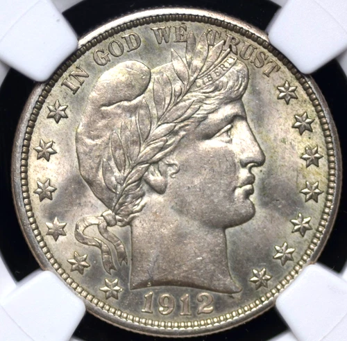 1912 BARBER HALF DOLLAR NGC MS 62 ALL WHITE WITH NICE LUSTER AND MINT BLOOM, NO