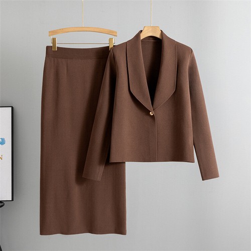 2pcs Sets Suit Jacket Skirt Cardigan Sweater Women Knitted Button Lapel Collar - Foto 13 di 28