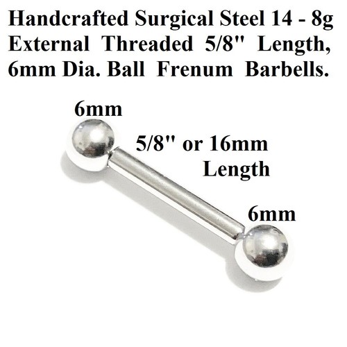 316L Surgical Steel 14, 12, 10 & 8g 5/8" Length 6mm Ball FRENUM BARBELL. - Picture 2 of 4