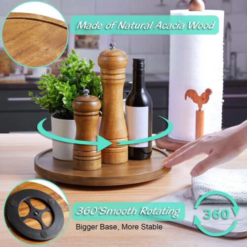 10" Lazy Susan Turntable Organizer For Cabinet Acacia Wood Serving Tray Round De - Picture 2 of 7