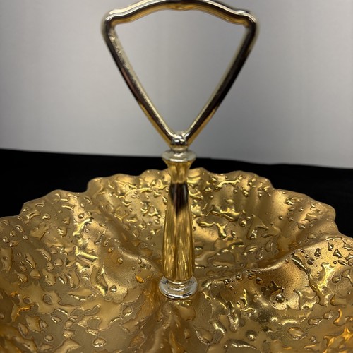Vtg Hand Decorated Weeping Bright Gold 3 Compartment Candy Dish W/ Handle, 22 K - Picture 4 of 12