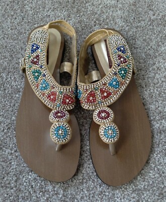 Walk Eaze Pakistani Designer Jeweled Leather And Wood Flat Sandals NWT Sz 8 #308