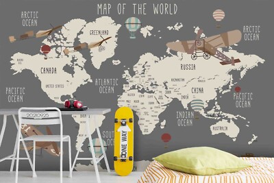 3D World Map Vehicles Self-adhesive Removable Wallpaper Murals Wall 387