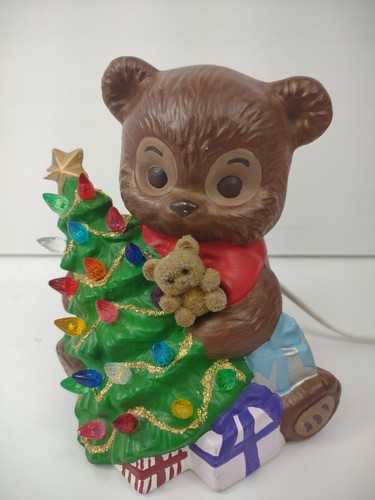 Vintage Christmas Ceramic Teddy Bear W/ Tree Light Up Table Top Decor night lamp