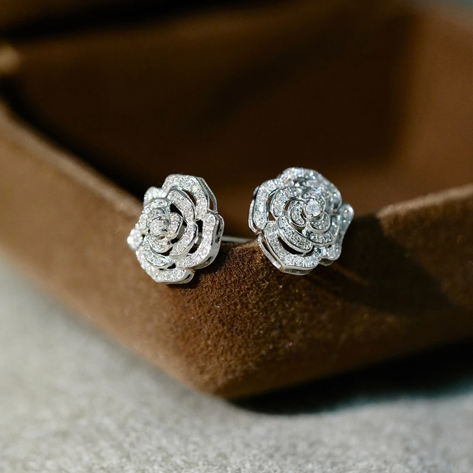 Brinco feminino de ouro branco 18K real 0,30 ct diamante natural aglomerado camélia - Imagem 3 de 4