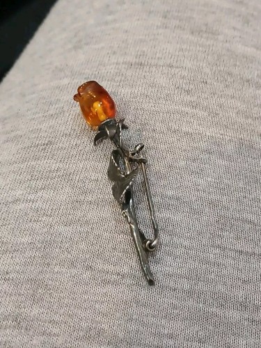 925 Sterling Cognac Amber - Sterling Silver Rose Brooch Pin - Picture 3 of 4