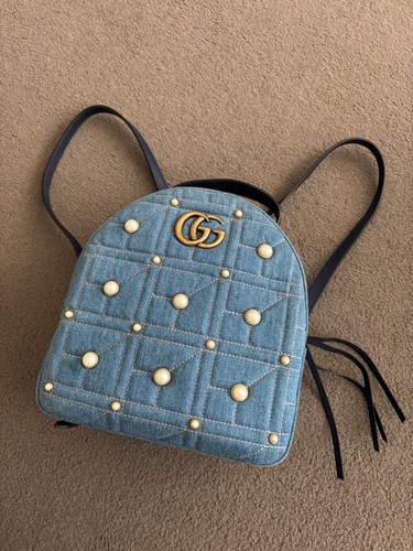 Gucci Women's GG Marmont Matelassé Denim Leather Pearl Embellished Backpack - Picture 6 of 17