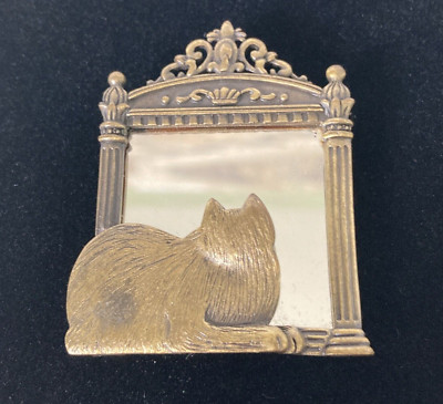 JJ Signed Jonette Kitty Cat Mirror Reflection Bronze Color Brooch Pin Vintage