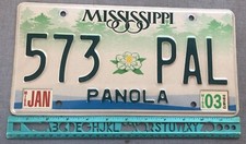*Placa de licencia, Mississippi, 2003, condado de Panola, pasajero, 573 PAL Me & My Pal
