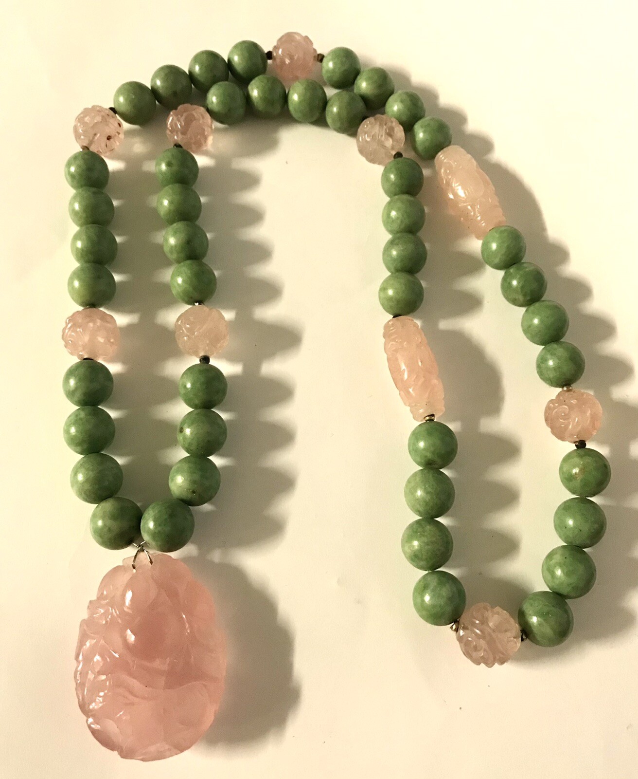 Vintage Rare Carved Rose Pink Quartz Bead Necklac… - image 1