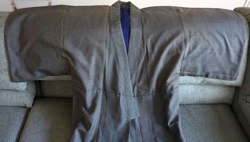 Japanischer Kimono Vintage handgenähte Herrenrobe blaues Futter - Bild 6 von 10
