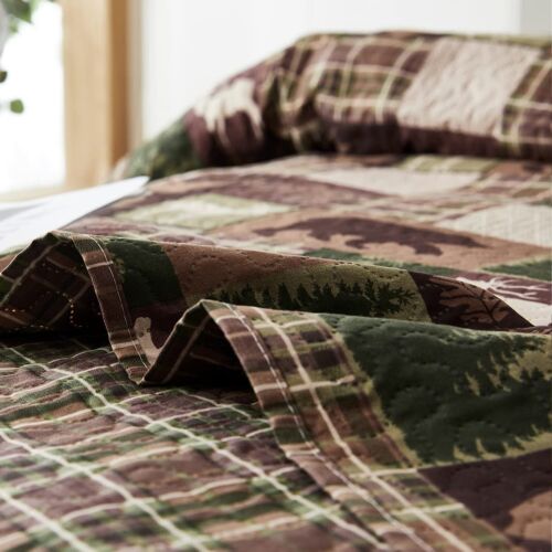 Oliven Reversible Lodge Plaid Bedding Moose Bear Quilt King Size Rustic Bedsp... - Picture 5 of 7