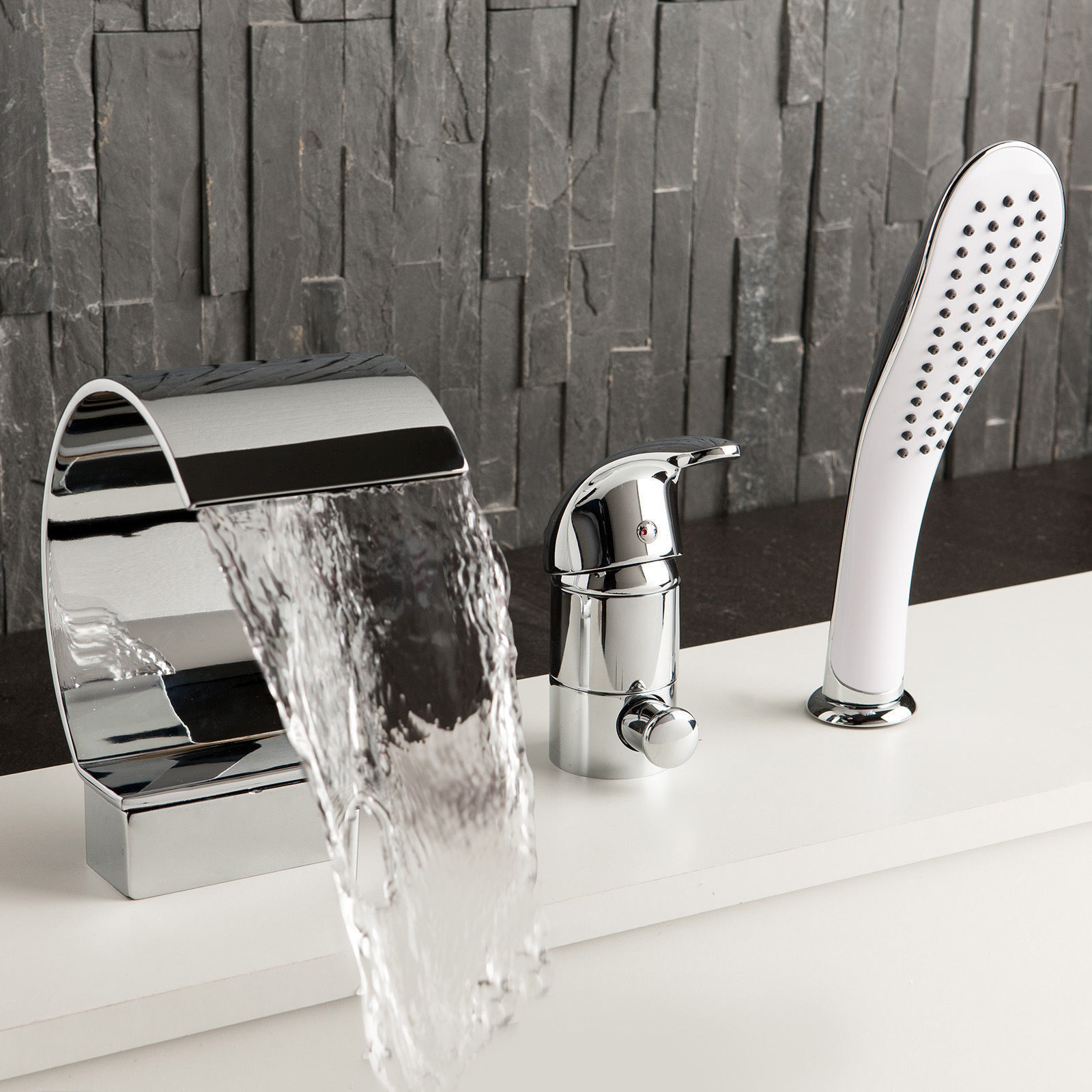 Badewannenarmatur 3 Loch + EDELE Design Handbrause Wasserfall Wannenrand Armatur Badewannenarmatur 3 Loch + EDELE Design Handbrause Wasserfall Wannenrand Armatur