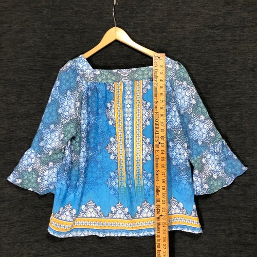 Zac & Rachel Blouse Top Blue Paisley Print Bell Sleeve Square Neck M - Picture 6 of 7