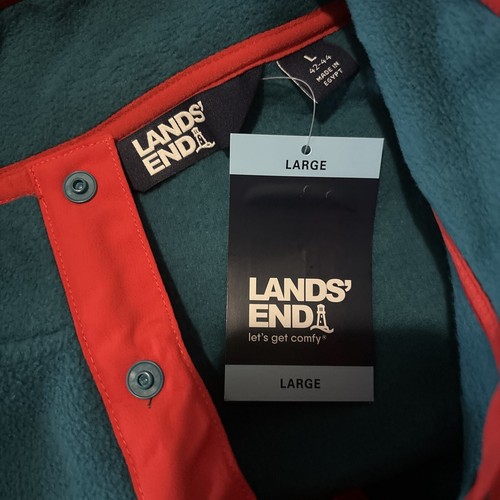 Mens Fleece Lands End Snap Neck With Pockets Size large Teal Navy Orange - Picture 11 of 14