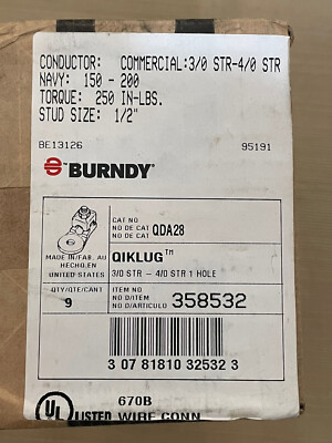 Box Of 9 Burndy Qiklug QDA28 Mechanical Lugs #3/0 to #4/0 AWG - 1/2  Stud 358532