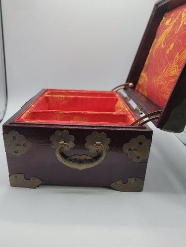 Asian Style Jewelry Box Mahogany, Brass, & Jade 6.5W x 9.5L x 4.5D - Picture 12 of 20