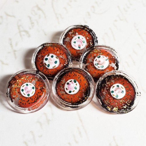 6 Antique Clear Glass Buttons W/ Enamel Posy Overlay Back Paint & Tinsel Glitter - Picture 1 of 6