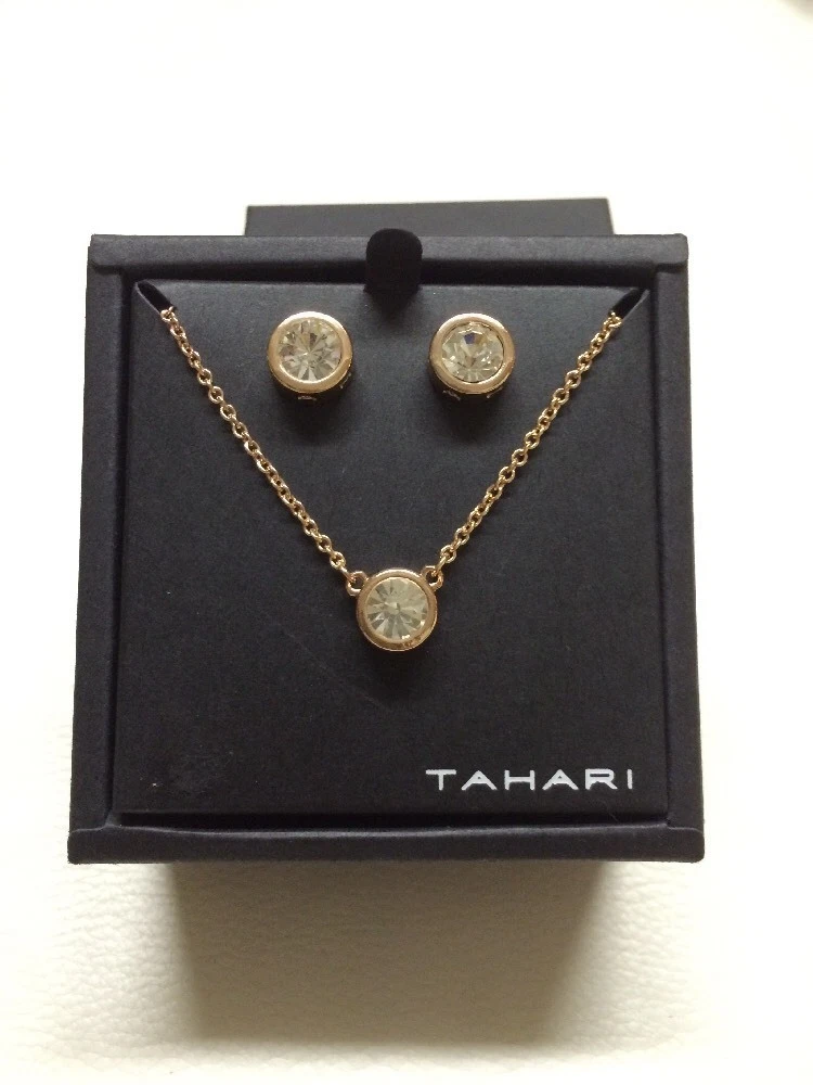 NIB Tahari Rose Goldtone Round Bezel Crystal Earrings Necklace
