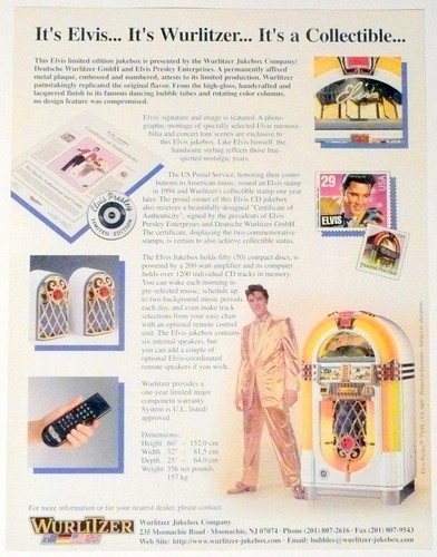 NewOldStock ** EDICIÓN LIMITADA WURLTIZER CONCESIONARIO ELVIS PRESLEY JUKEBOX PÁGINA - Imagen 2 de 3