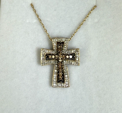 0.60 ctw White Champagne Diamond Cross Pendant Necklace 14k Gold - Picture 2 of 10