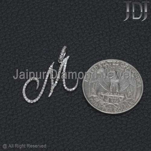 Ciondolo originale diamante oro bianco massiccio 18 kt gioielli lettera M alfabeto iniziale - Foto 14 di 17