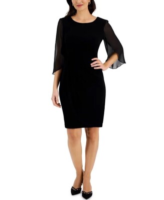Connected Petite Chiffon Cape-Sleeve Sheath Dress Black Size 10P $69 | eBay