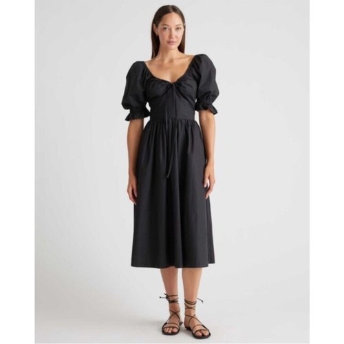 Quince 100% Organic Cotton Puff Sleeve Midi Dress in Black size medium NWT