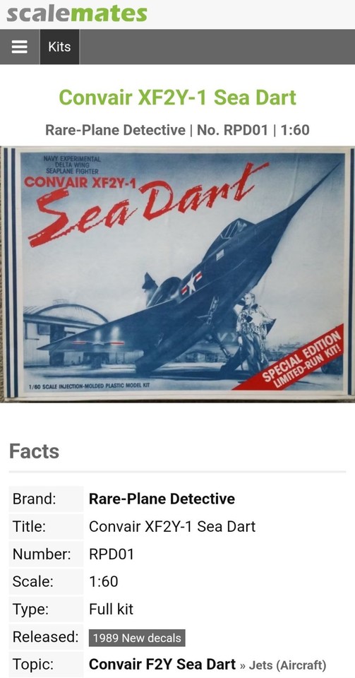 Rare Plane Detective Convair XF2Y1 Sea Dart RPD01 LimitedRun Kit 350
