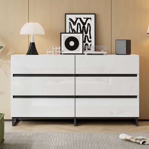 Hochglanz Sideboard Kommode mit 6 Schubladen Metallbeinen Weiß Schwarz 140*79 cm - Bild 3 von 20