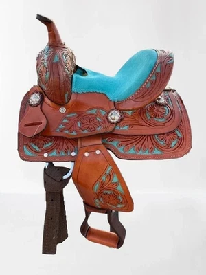 RIDEX 8 Zoll Türkis Jugend Pony Western Pferd Lauf Rennen Leder Sattel Floral verziert