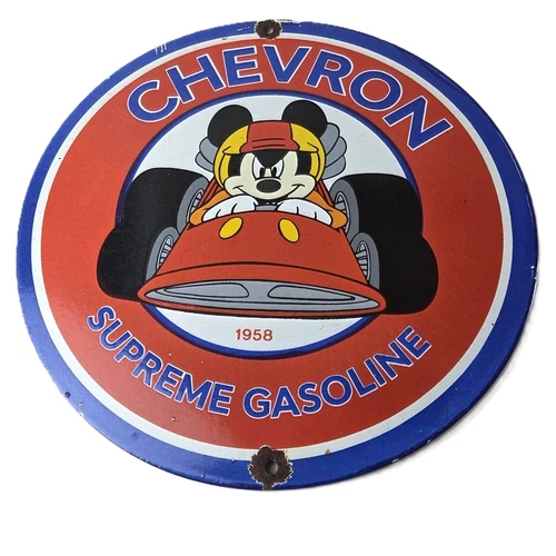 Vintage Chevron Gasoline Sign - Mickey Mouse Racing Auto Gas Porcelain Sign