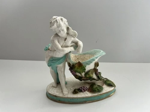 Ceramic Figurine Antique Putti with Shell Horn KERAMOS Vienna Old Sign