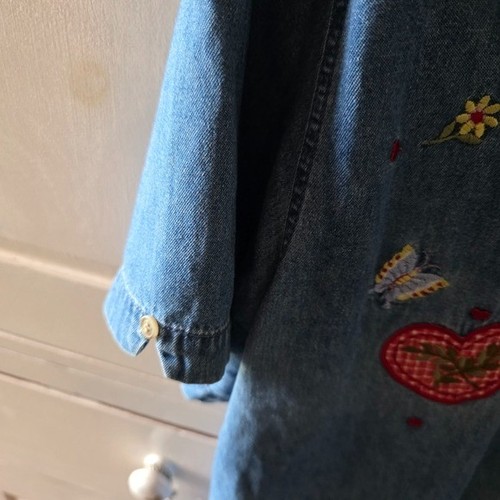 Bobbie Brooks Vintage Granny Core Embroidered Gingham Heart Flowers Denim Shirt - Picture 4 of 5