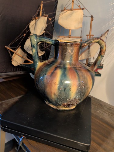Antique French Pottery Pitcher Orjol W Striped Glaze