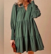 Pomander Place Ceci Smocked Long Sleeve Green Tiered Mini Dress Size Medium