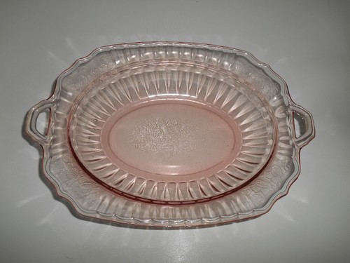 Anchor Hocking Pink Mayfair Open Rose depression 11" Oval Handled Vegetable Bowl - Picture 2 of 13