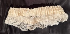 Wedding Bridal Garter Ivory Satin white lace Pearl Heart Bow Stretchy S/M