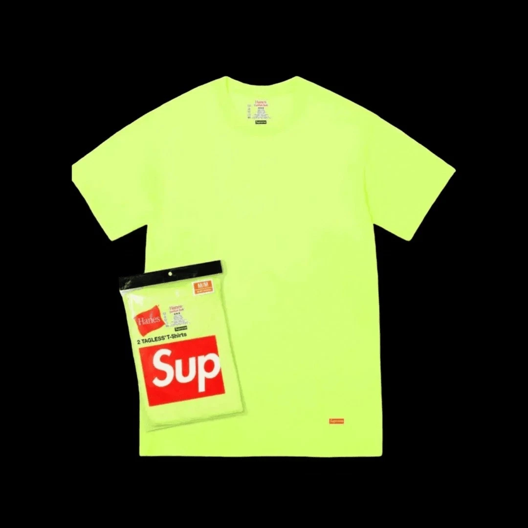 T shirt sans étiquette Supreme Hanes jaune fluorescent (lot de 2) XL