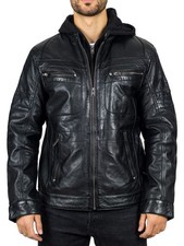 Men's Black Hooded Genuine Leather Biker Jacket